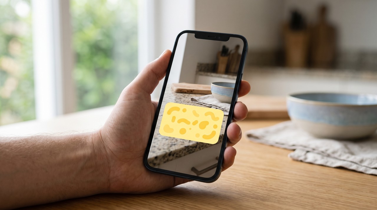 A hand holding a phone playing a Short with a big caption laid over the picture