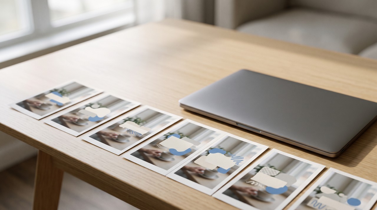 A row of printed video stills on a desk, each with a different caption block