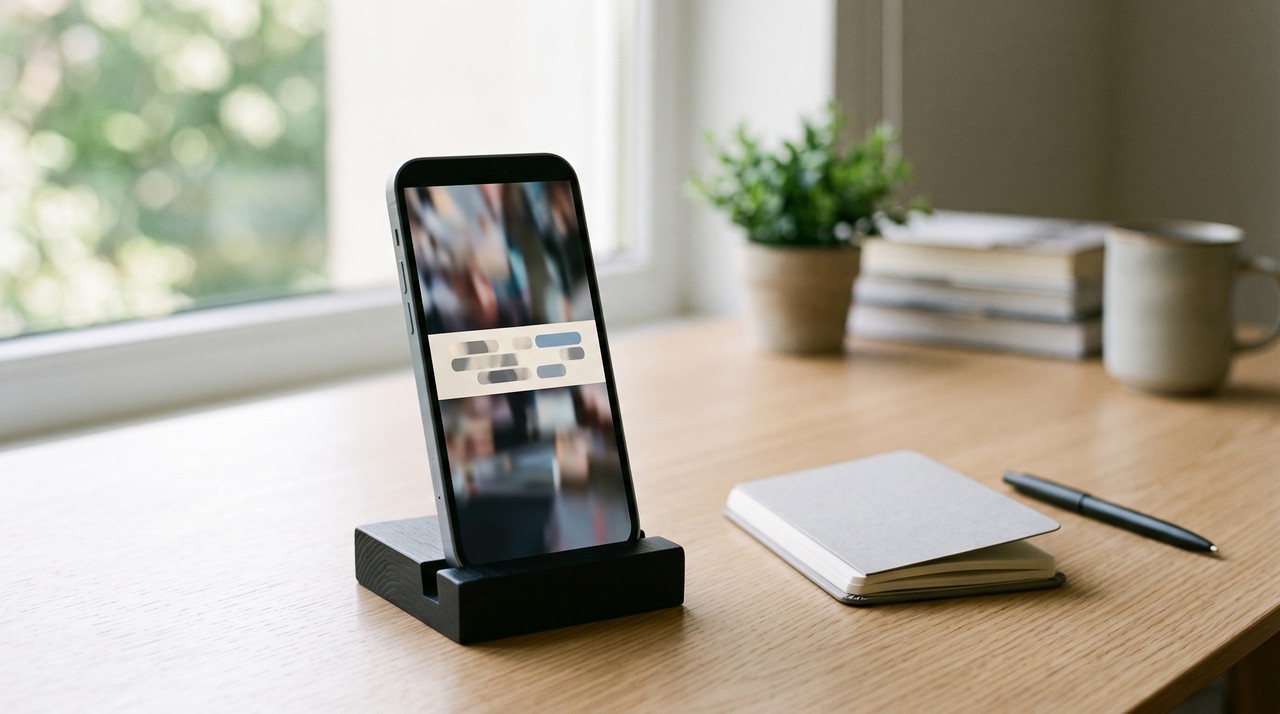A phone on a desk stand playing a vertical Short with a big caption bar on screen